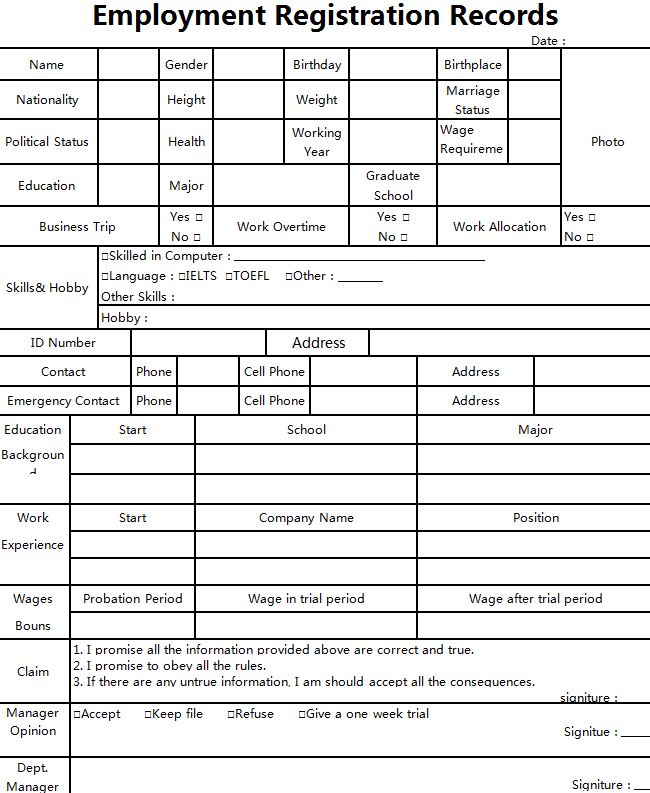 Employment Registration Recordsxls Spreadsheet Templates Wps Template 9871